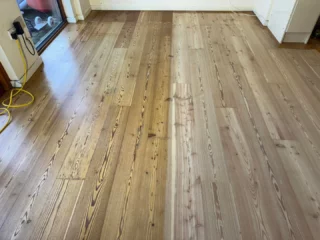 Engineered larch, sanded and finished with 5 coats of lacquer for extra durability 👌